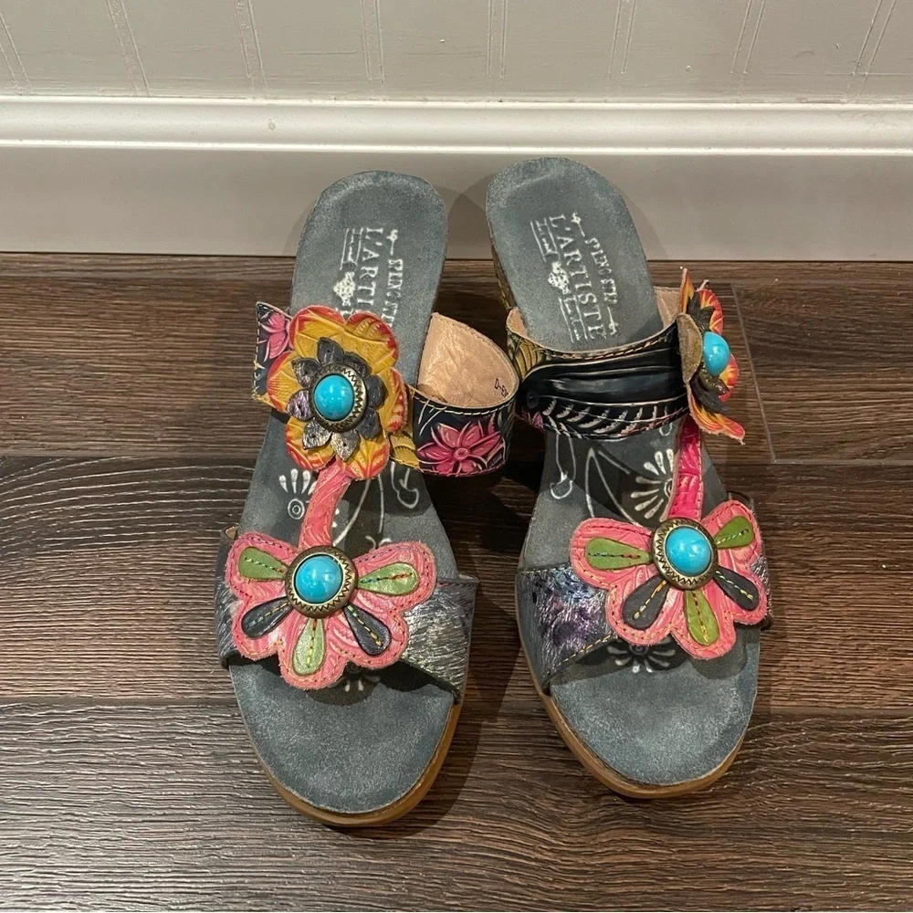 L'Artiste by Spring Step Bari Tooled Leather Floral Boho Slide Sandals 8.5 - Picture 2 of 14